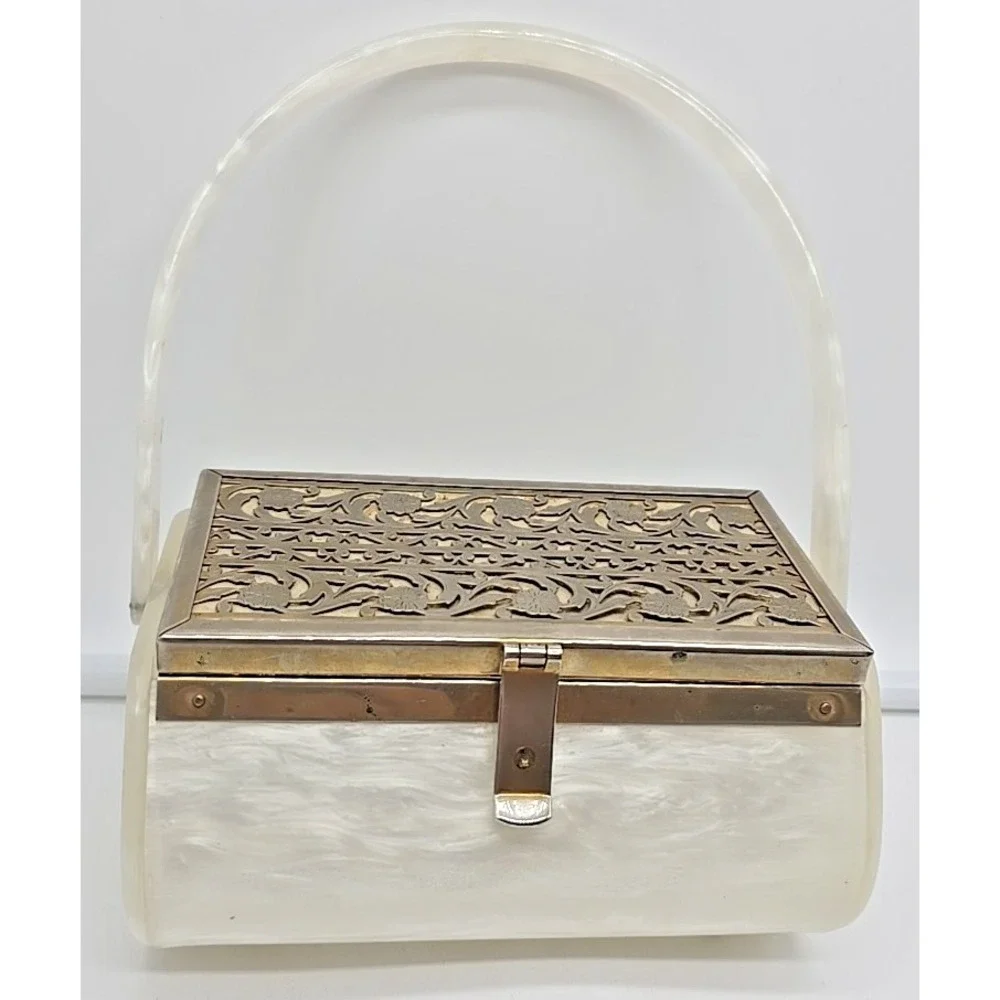 Vtg Tyrolene Lucite Purse Metal Filigree Single‎ Handle 1940's Mid Century Purse